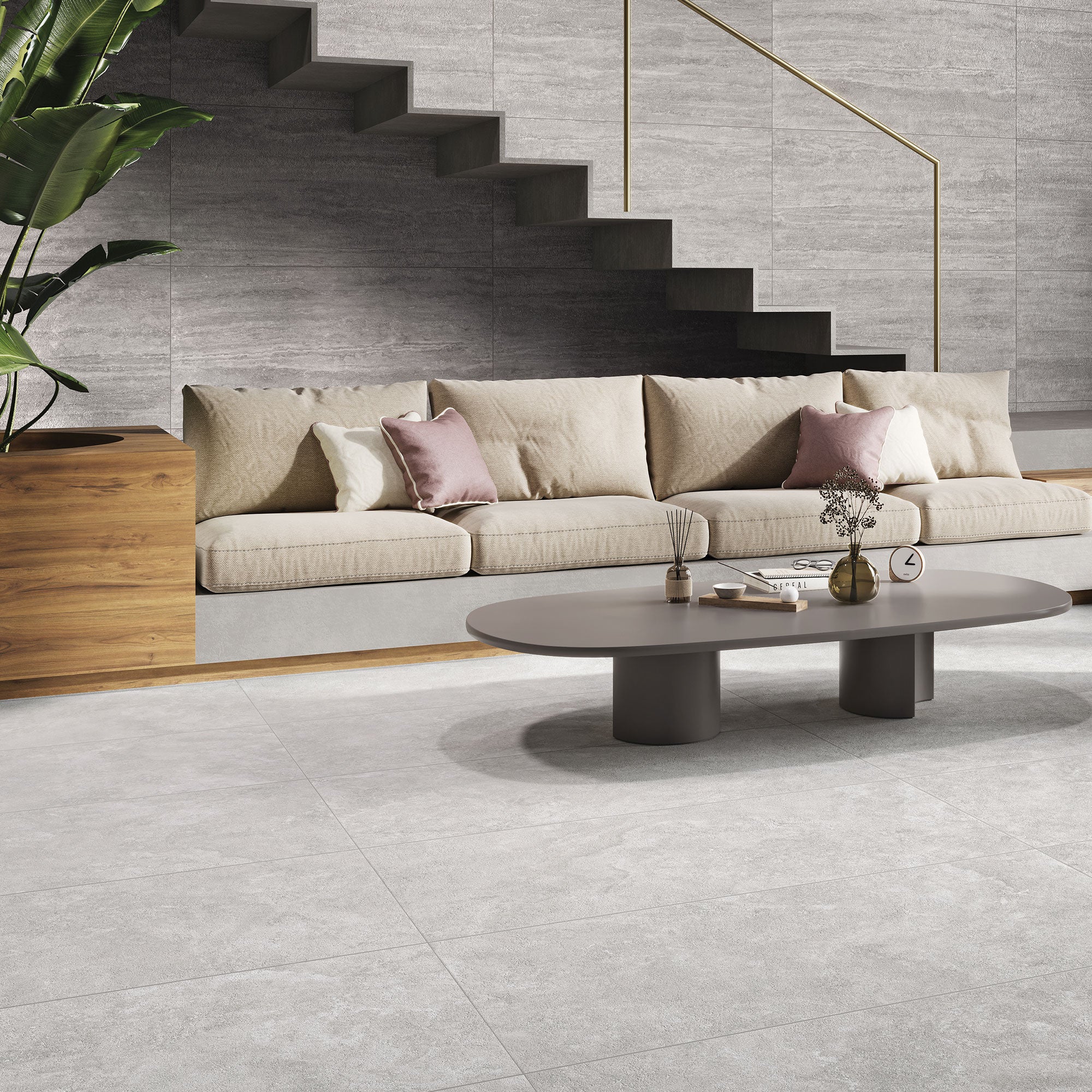 Avani Blanco Cross Cut tiles on floor (with Grey Vein Cut on walls)