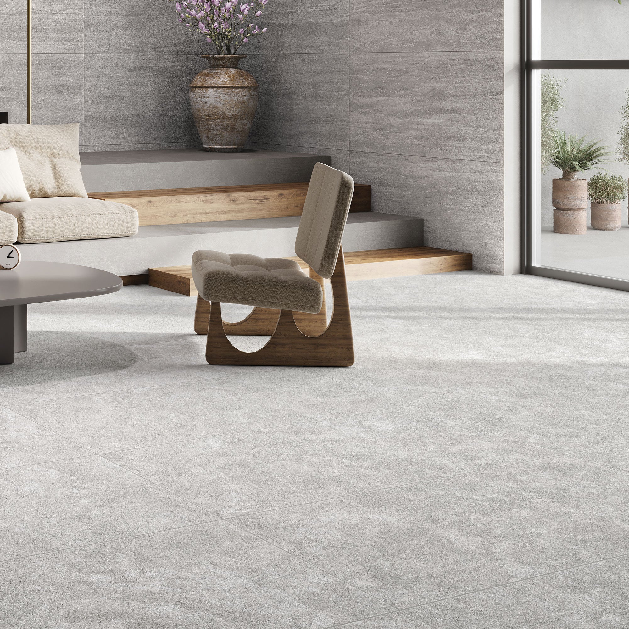 Avani Blanco Cross Cut tiles on floor (with Gris Vein Cut on walls)