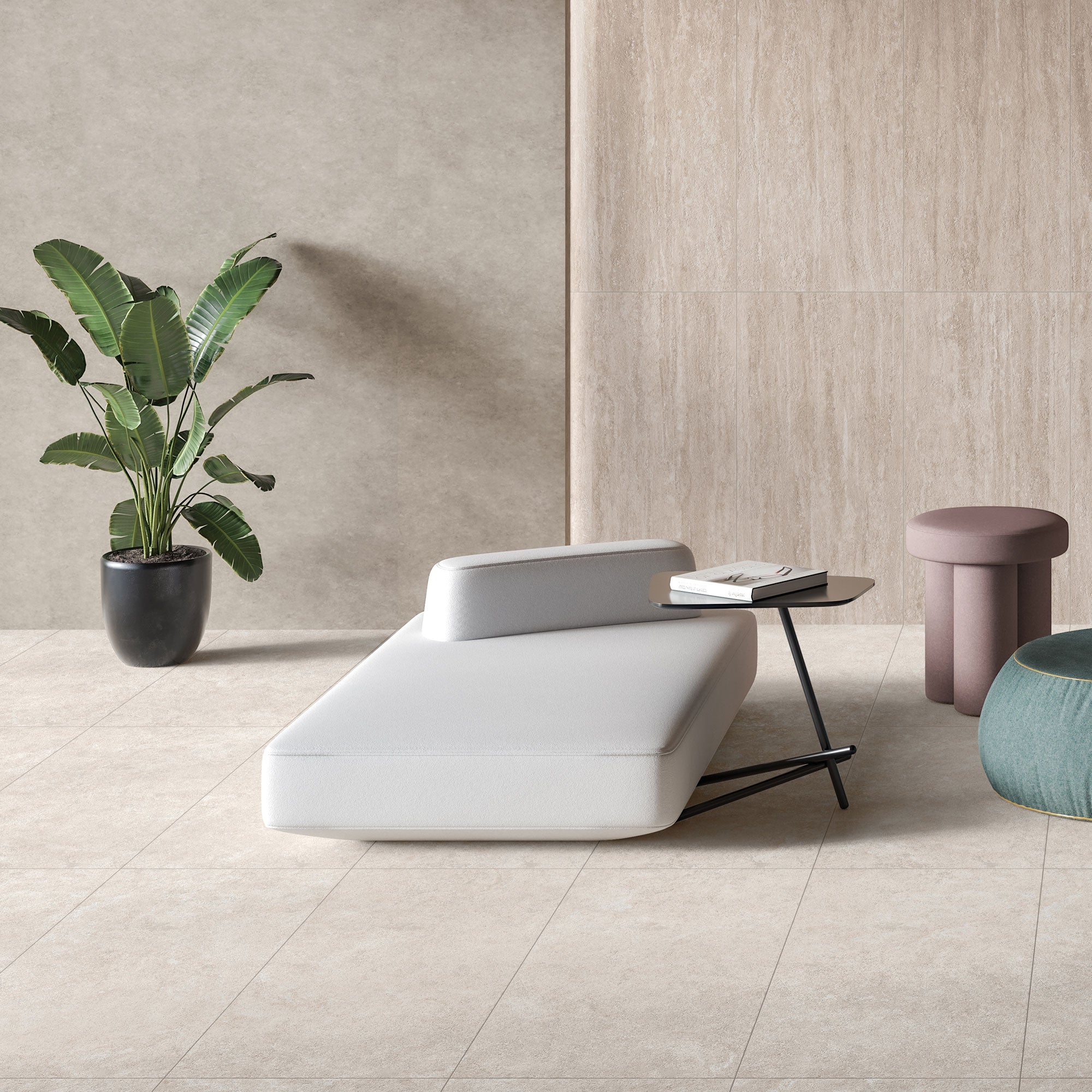 Avani Crema Cross Cut tiles on floor (with Camel Vein Cut)