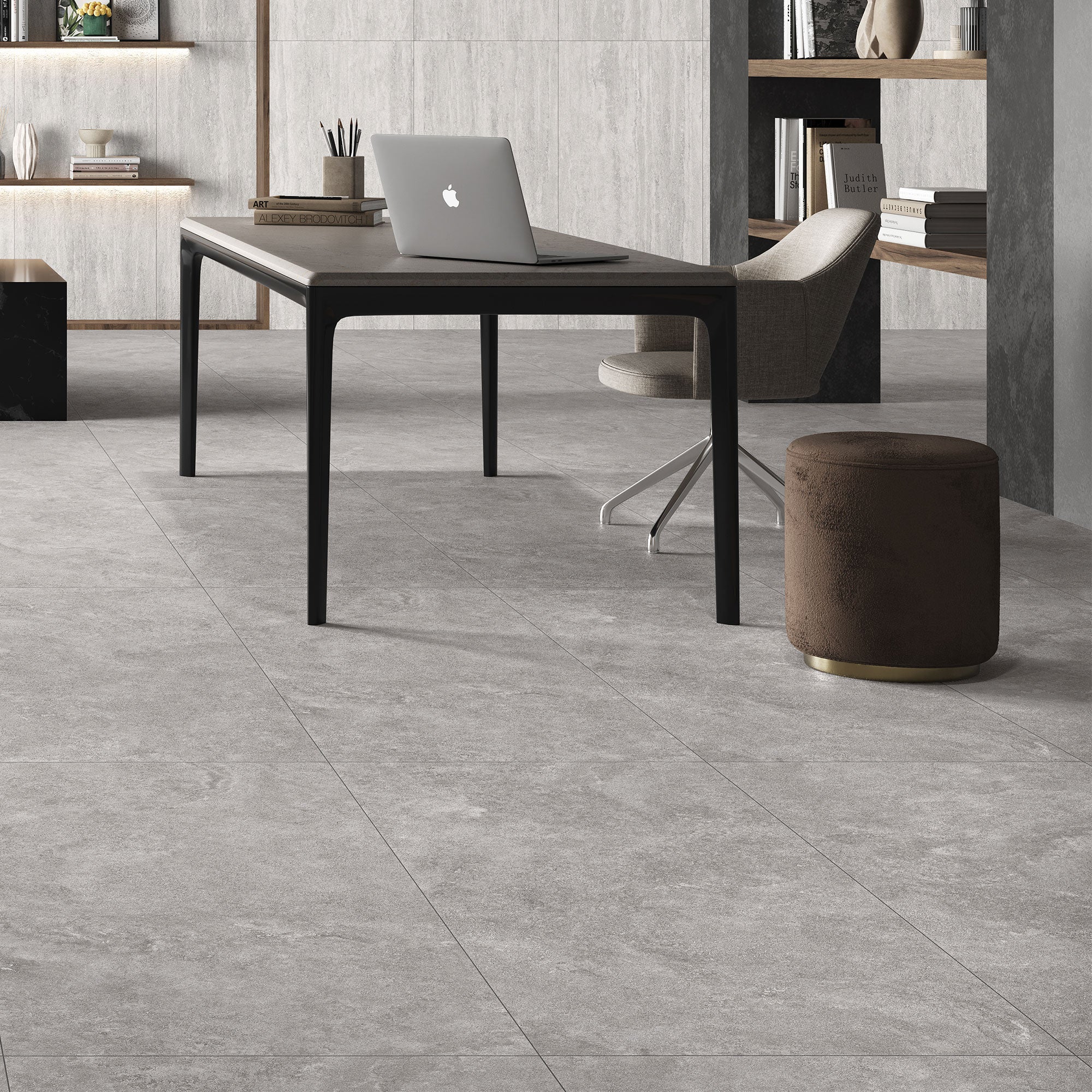 Avani Gris Cross Cut tiles (floor) with Bianco Vein Cut (walls)