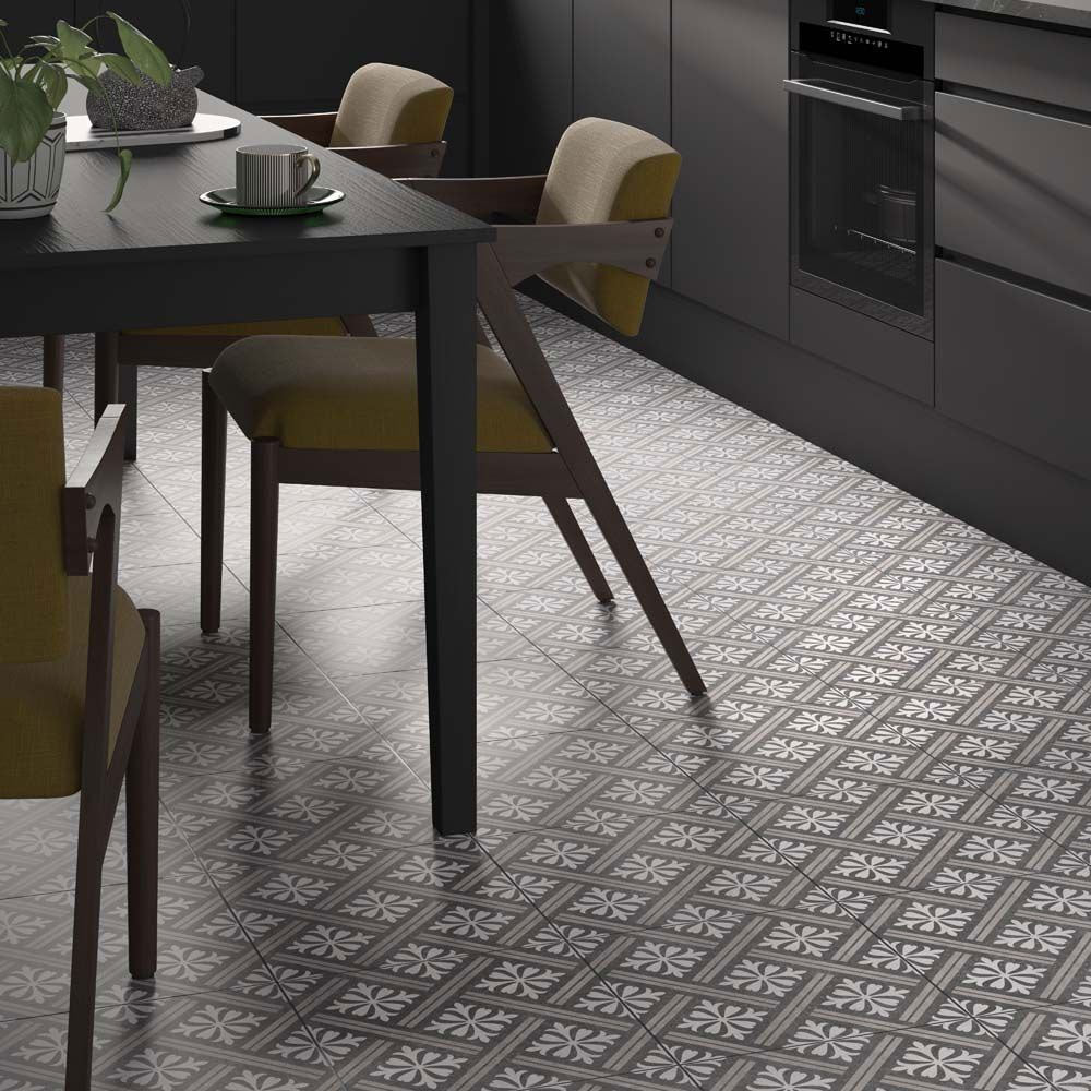 Ravello Charcoal Patterned tiles on kitchen floor