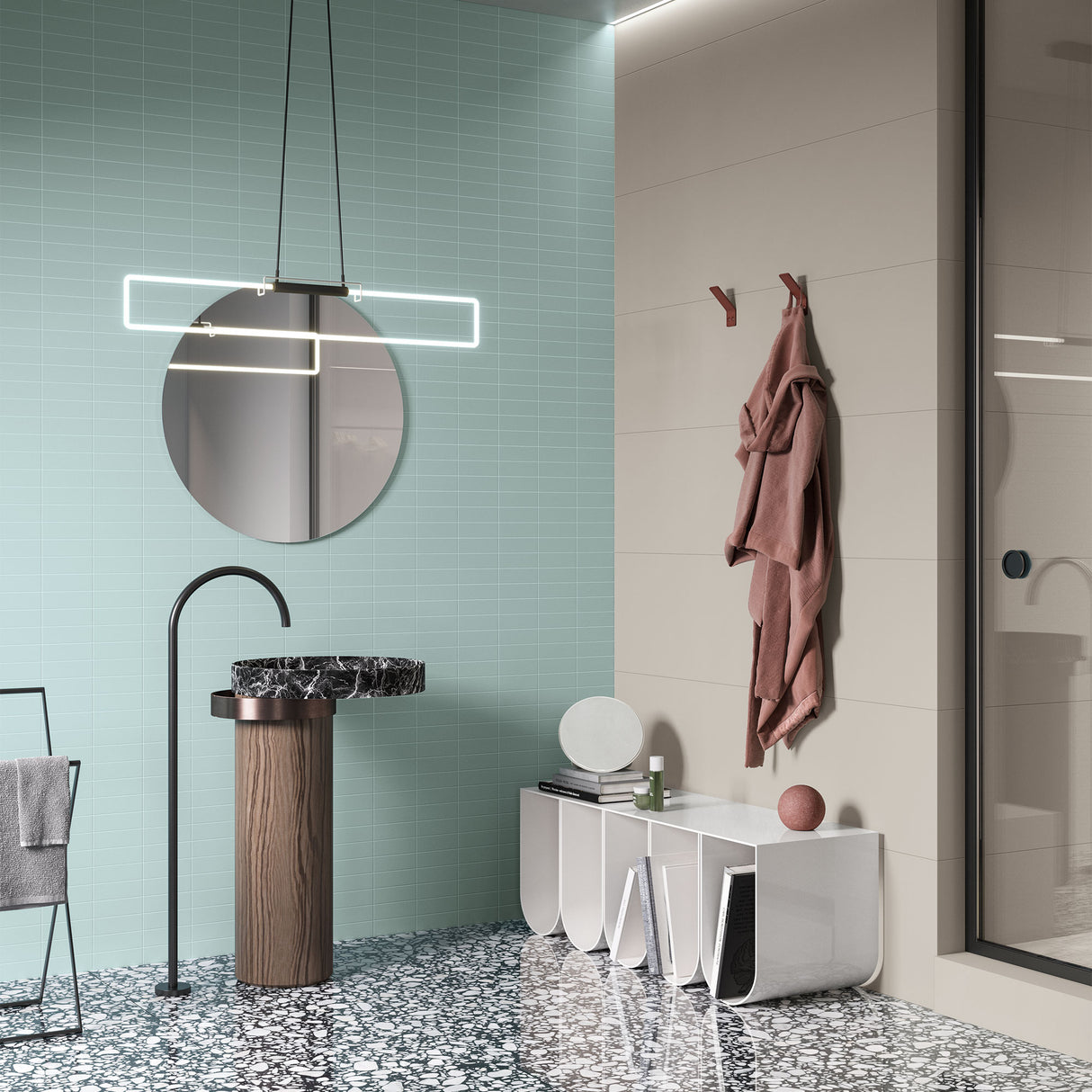 Casalgrande Atelier Fiordaliso mosaic tiles & Atelier Brume on the walls with Macro Moro on the floor