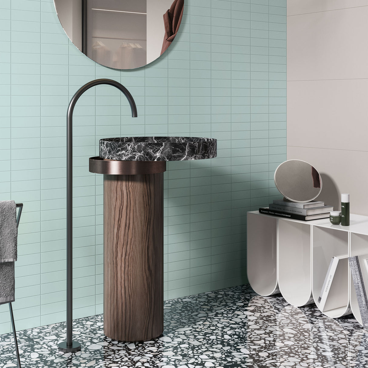 Casalgrande Atelier Fiordaliso mosaic tiles & Atelier Brume on the walls with Macro Moro on the floor