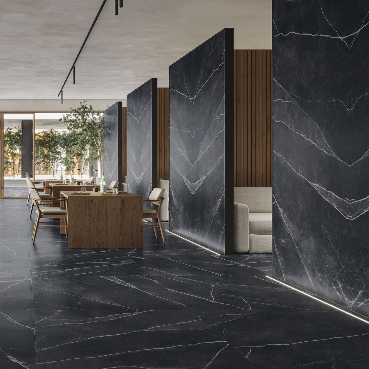 Casalgrande Marmora Nero Antico 120x120 (smooth), 120x278 bookmatch (honed)