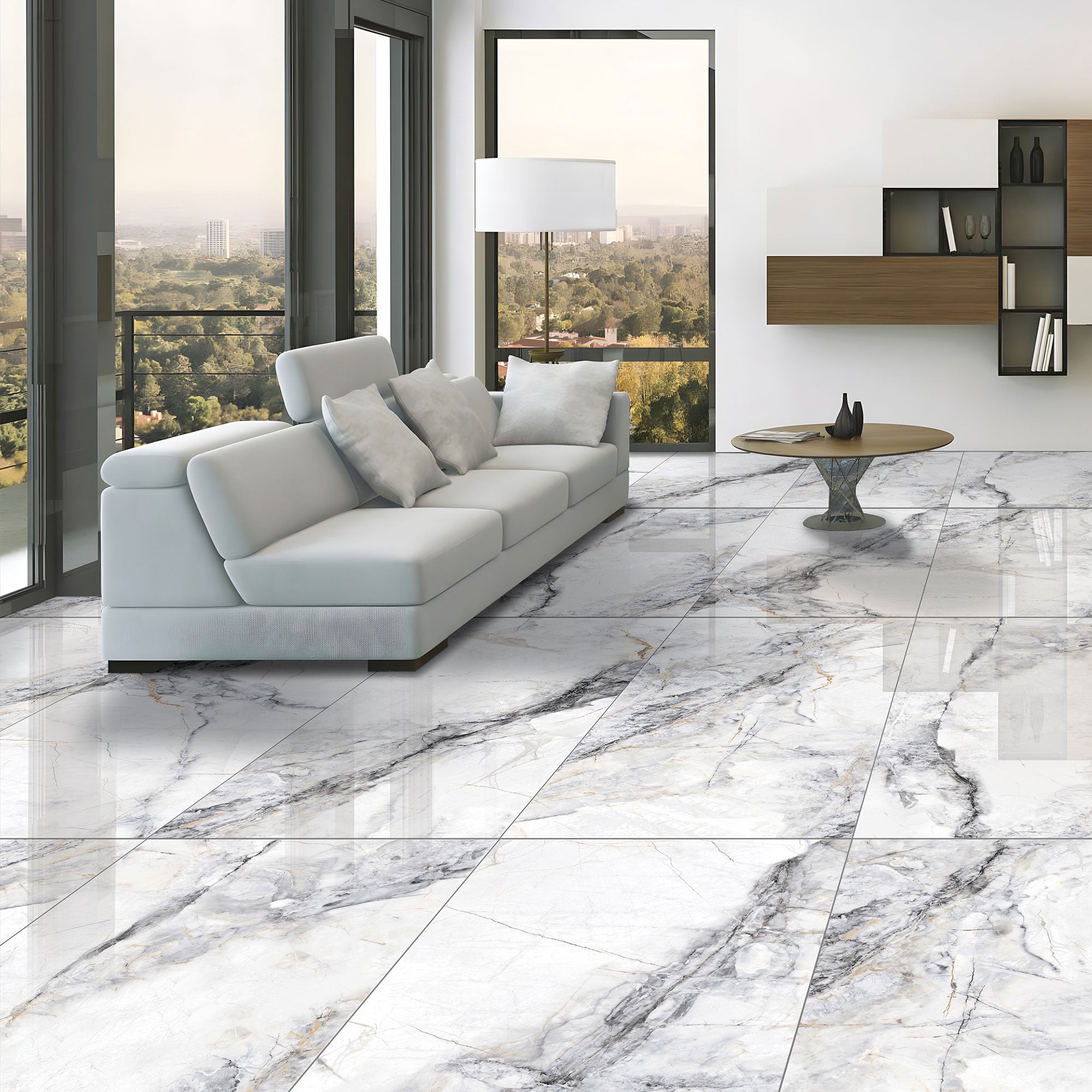 Drift White Polished Tiles on a lounge floor