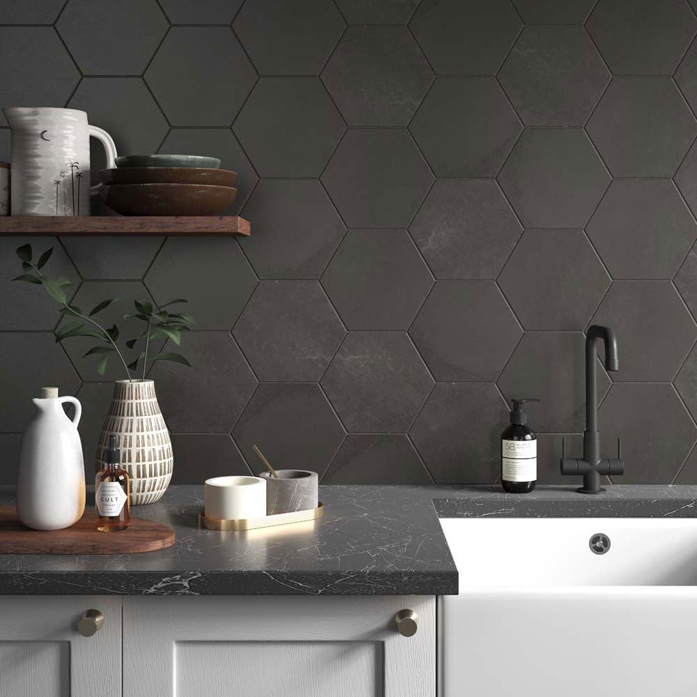 Facet Anthracite Hexagon Matt Porcelain Tile in kitchen