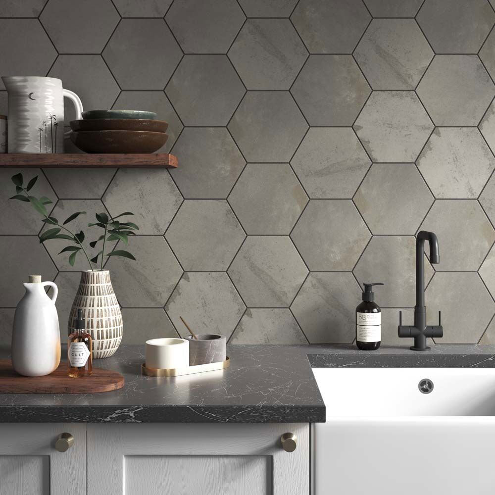 Facet Steel Hexagon Matt Porcelain Tiles in kitchen