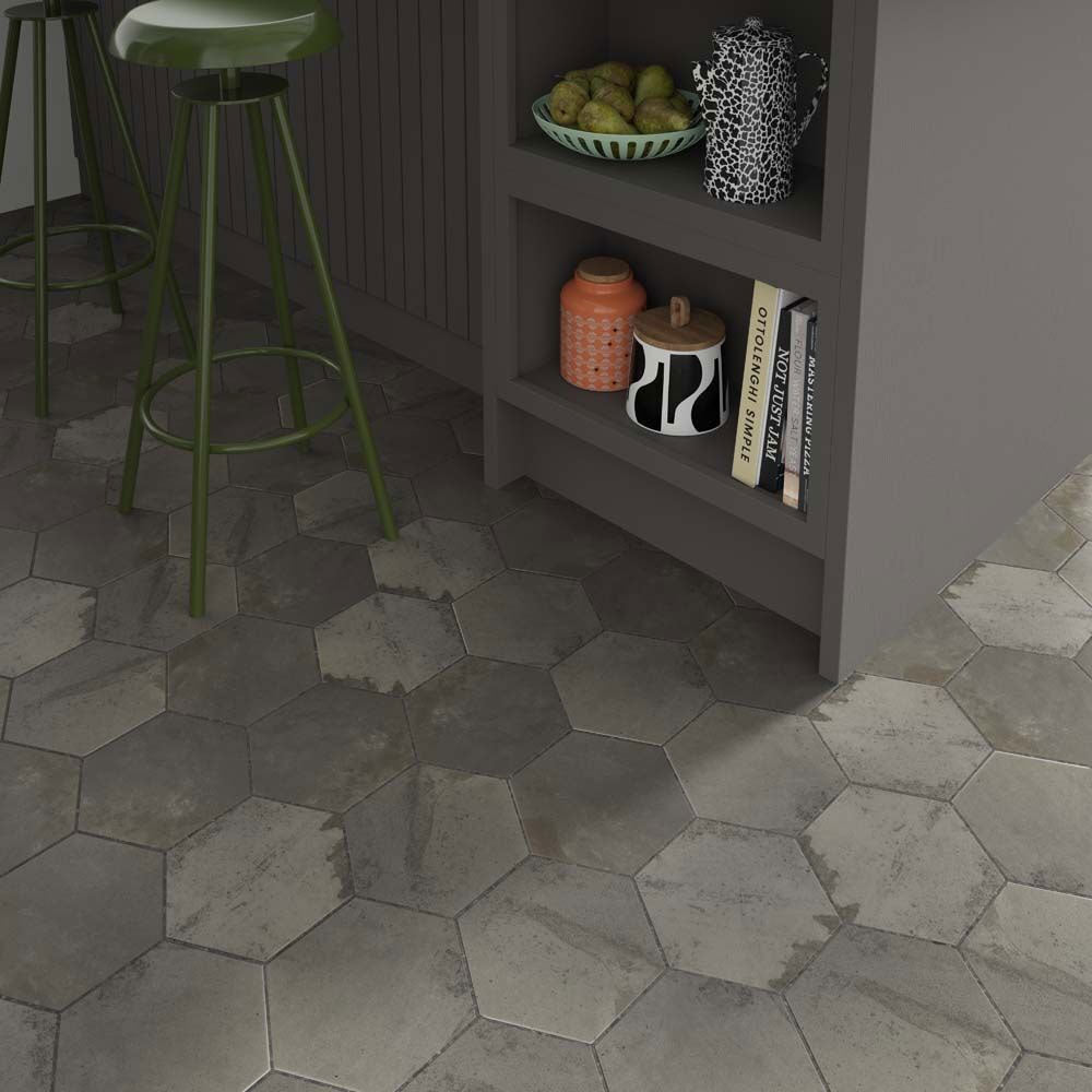 Facet Steel Hexagon Matt Porcelain Tiles in kitchen