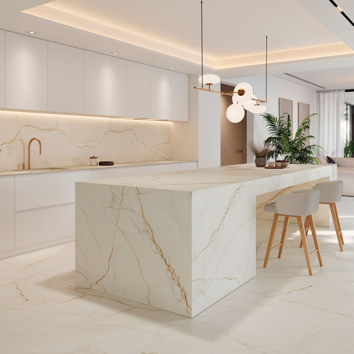 Grespania White Balance marble effect tiles on a kitchen floor, splashback and island