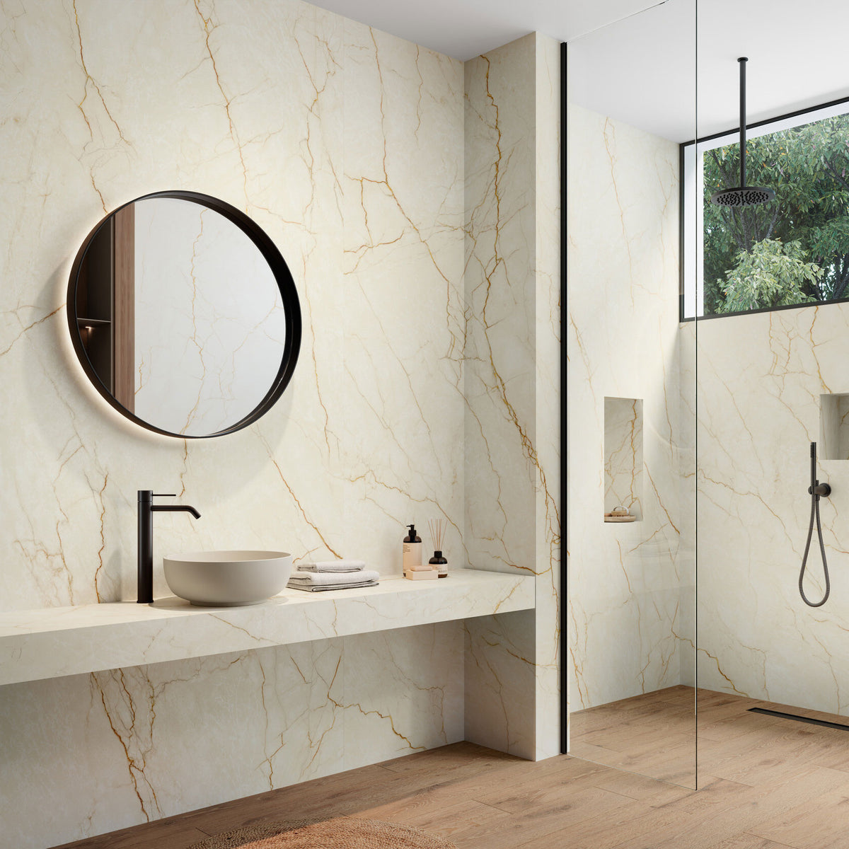 Bathroom with Grespania White Balance marble effect tiles on the walls, vanity and walk-in shower
