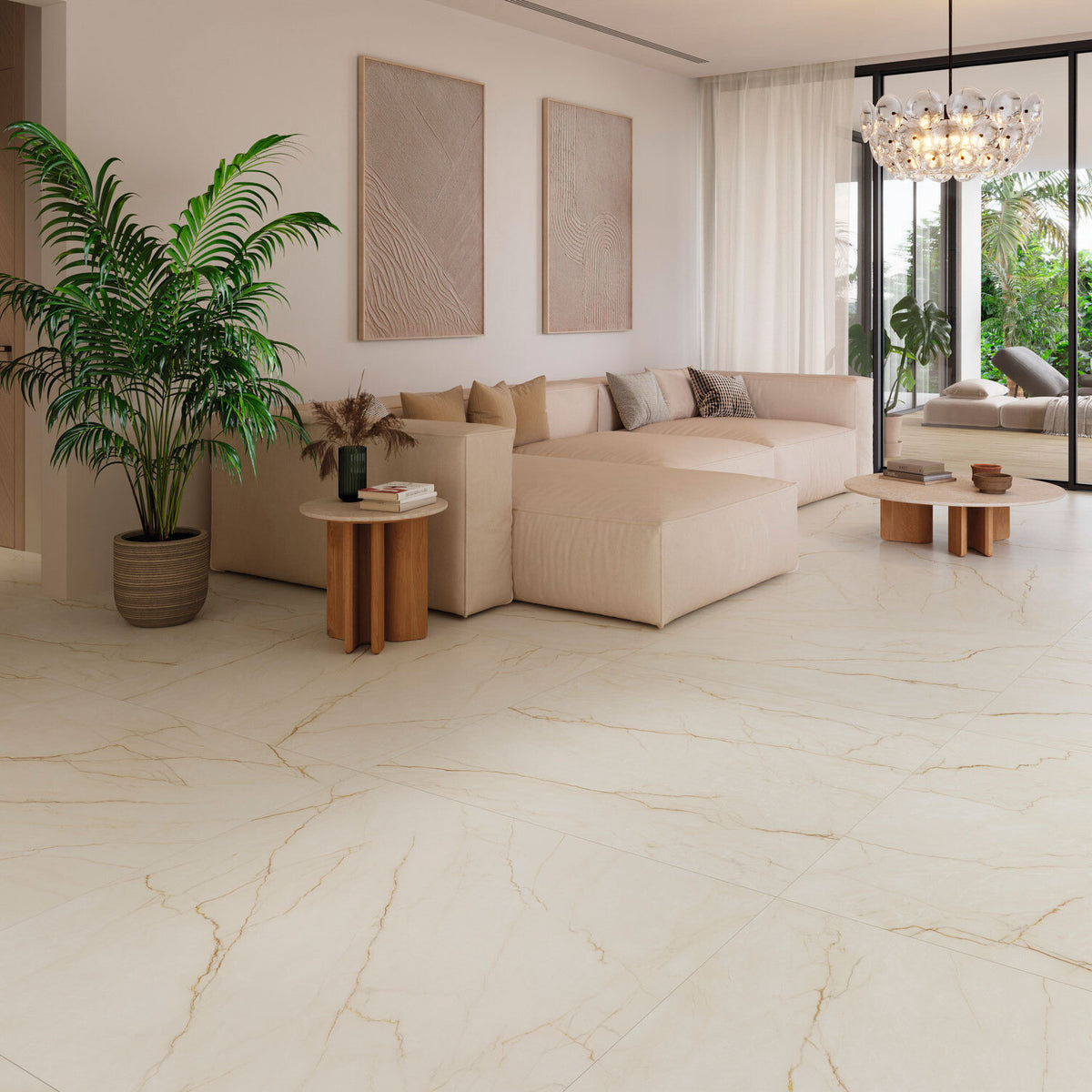 Grespania White Balance marble effect floor tiles in a bright open-plan living room