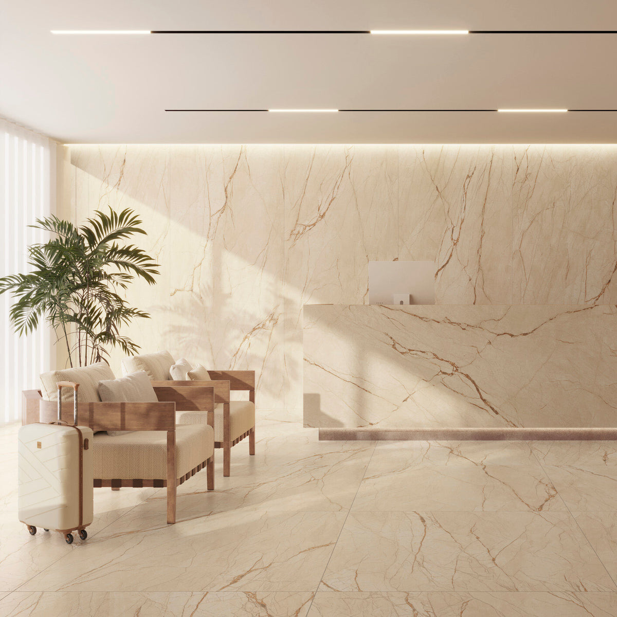Grespania Canela Roma marble effect tiles on the floor, walls and reception desk of a hotel lobby