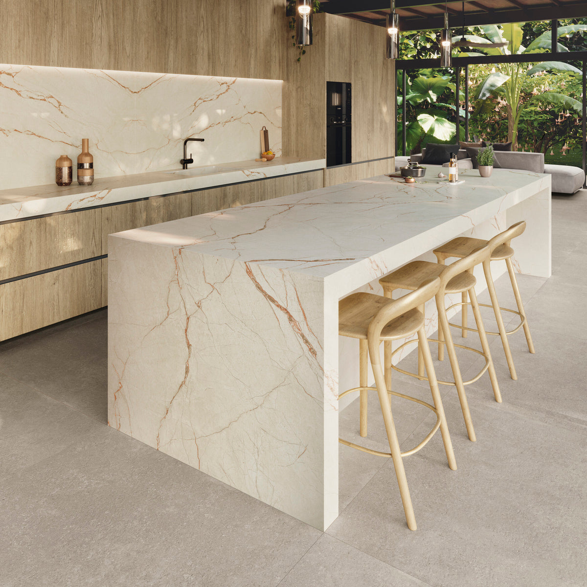 Grespania Canela Roma marble effect splashback, worktop and kitchen island with wooden bar stools