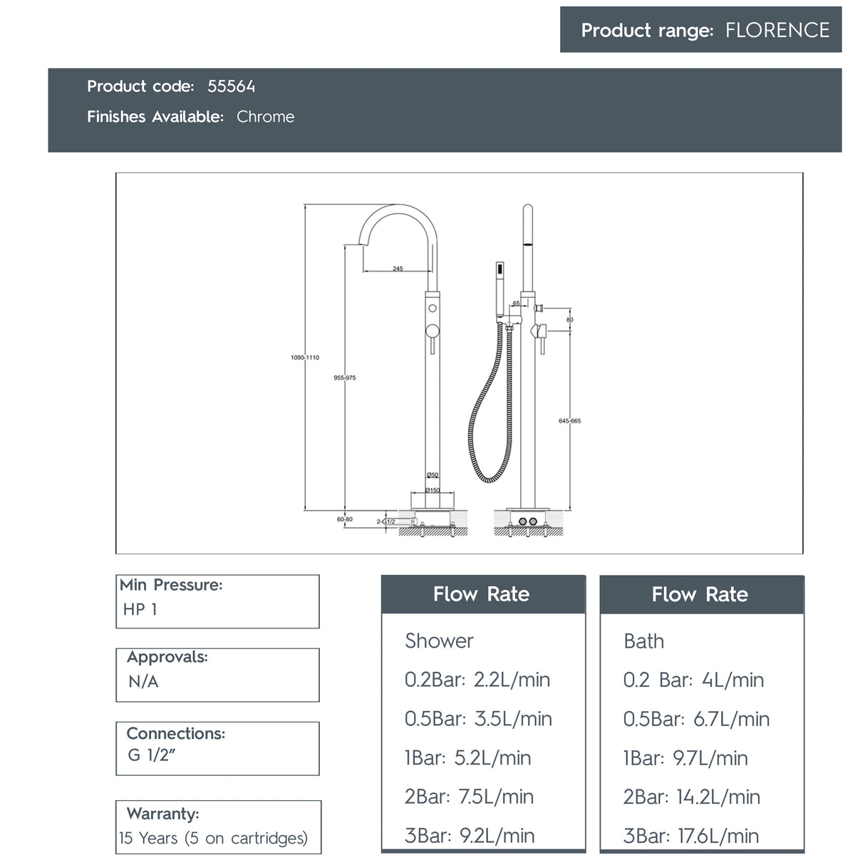 JTP FLORENCE Chrome Floor Standing Bath Shower Mixer Tap