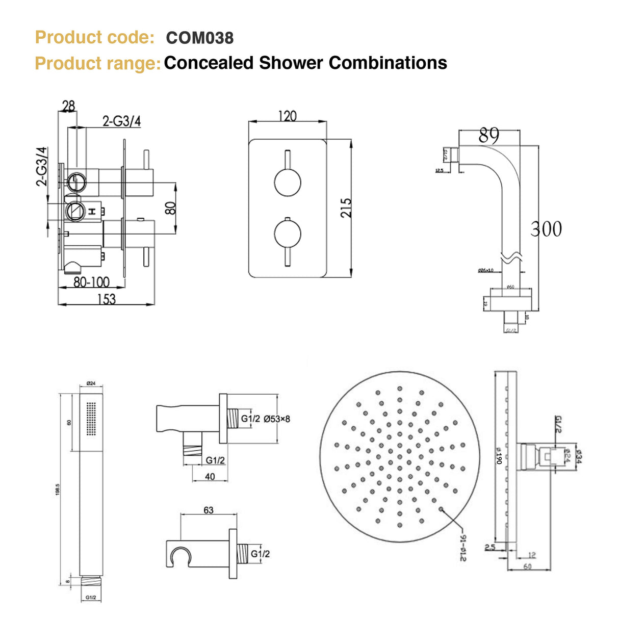 JTP FLORENCE Chrome Round Thermostat with Overhead Shower & Fixed Shower Handle – 2 Controls