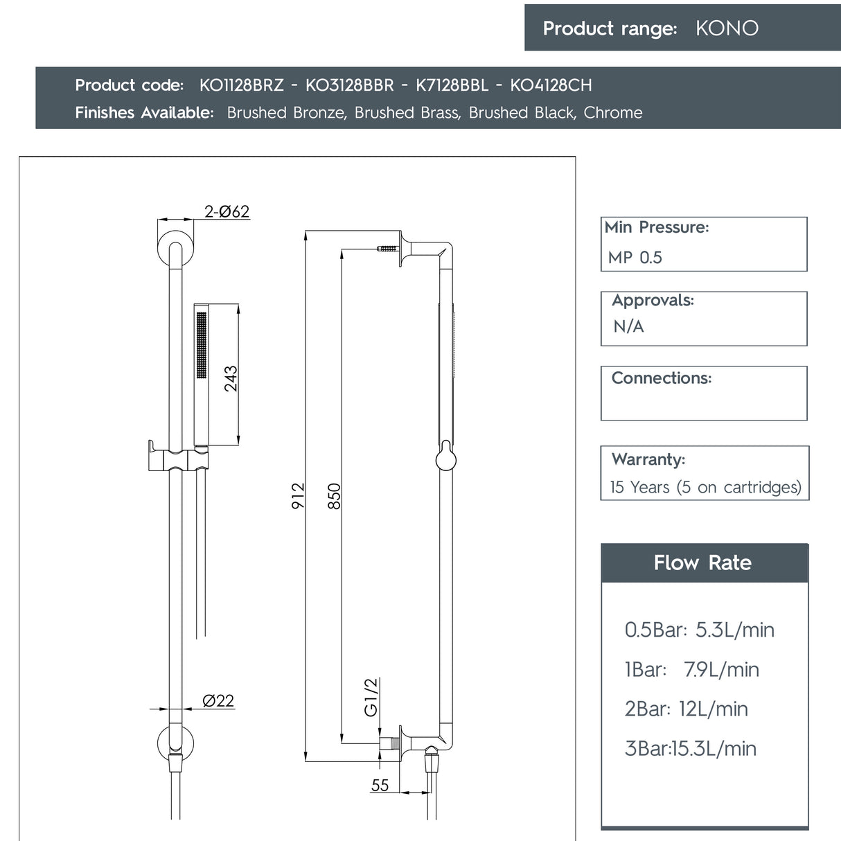 JTP KONO Slide Rail Shower Kit, Slim Shower