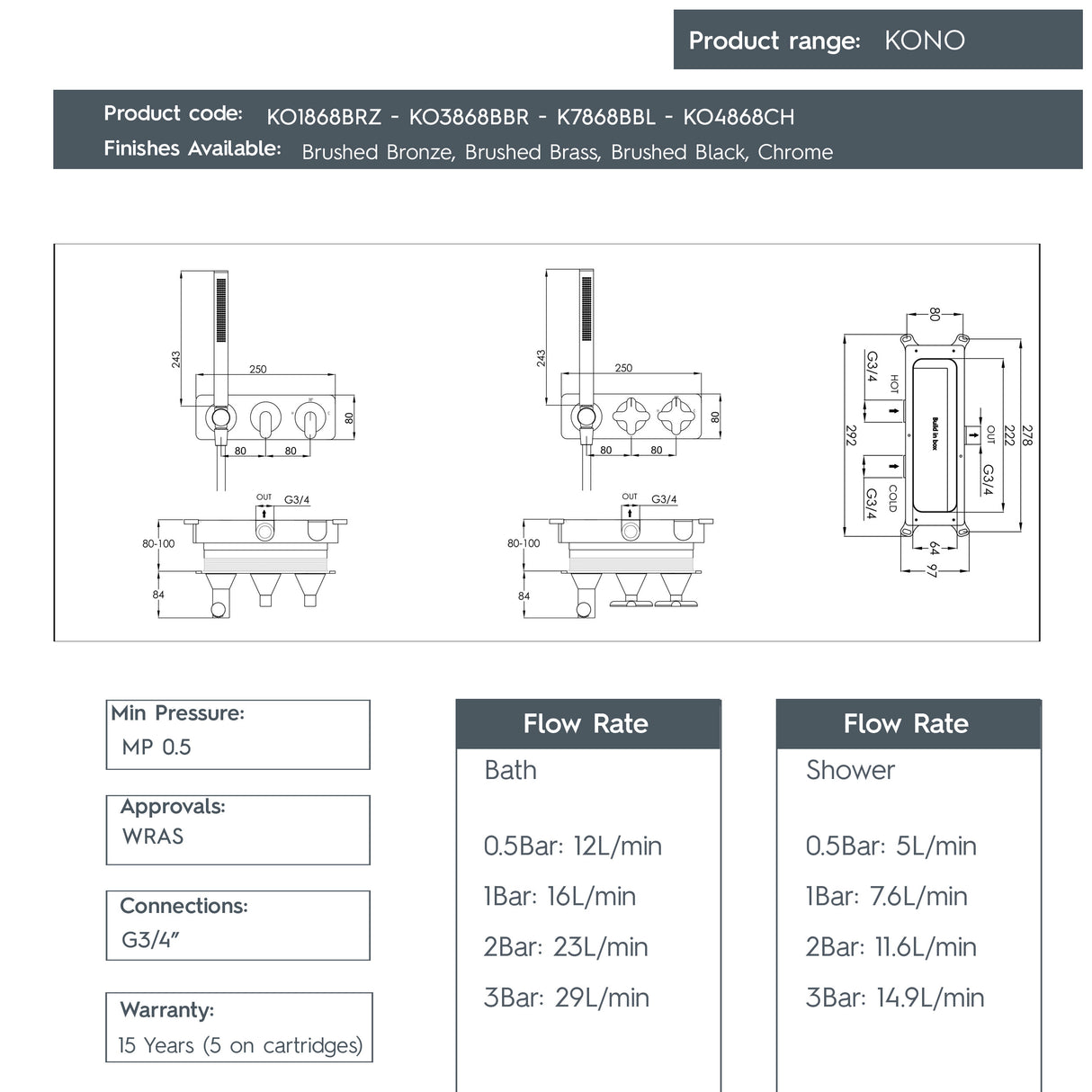 JTP KONO Thermostatic Concealed 2 Outlet Shower Valve with Attached Handset