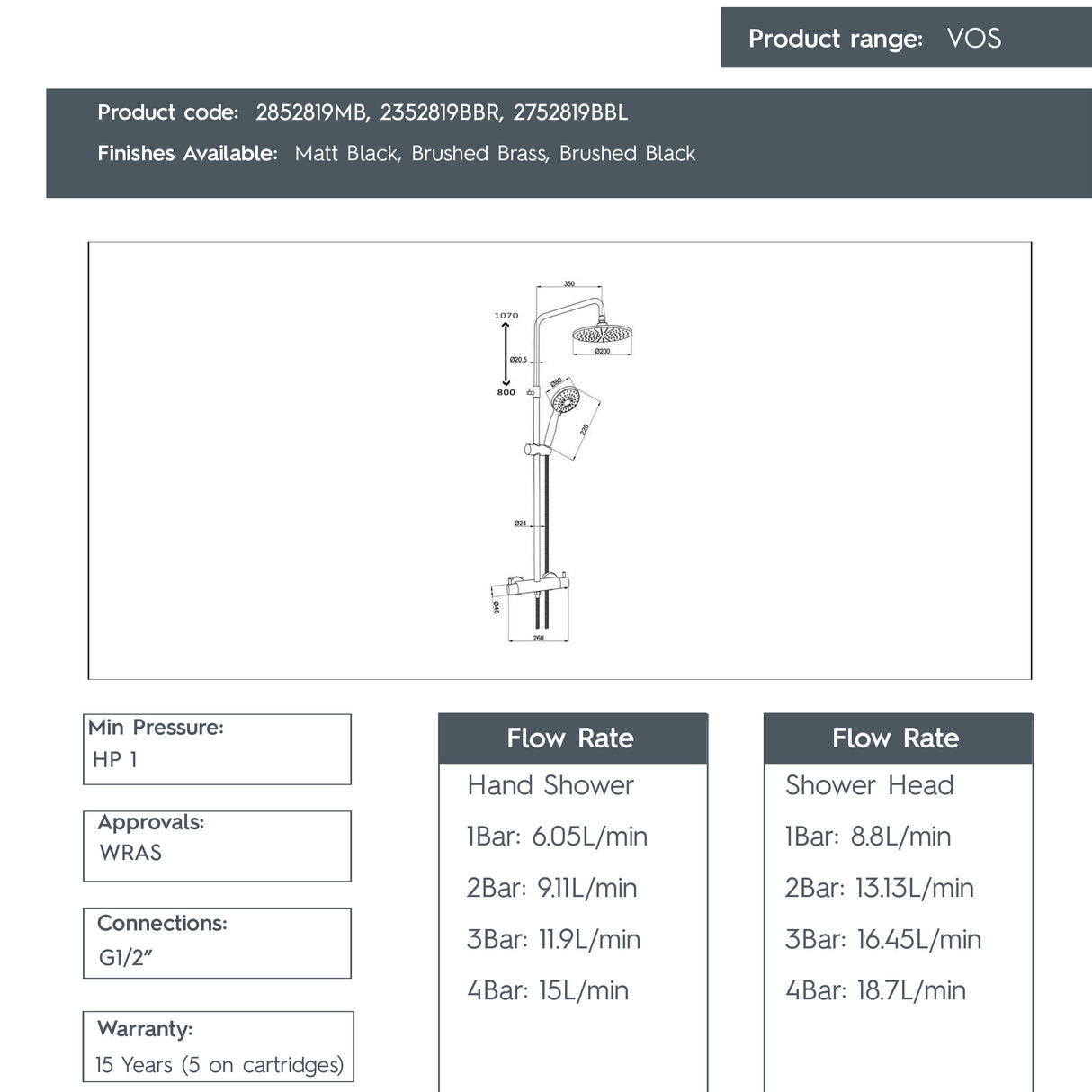 JTP VOS Thermostatic Bar Valve with 2 Outlets, Adjustable Riser & Multifunction Round Shower Handle