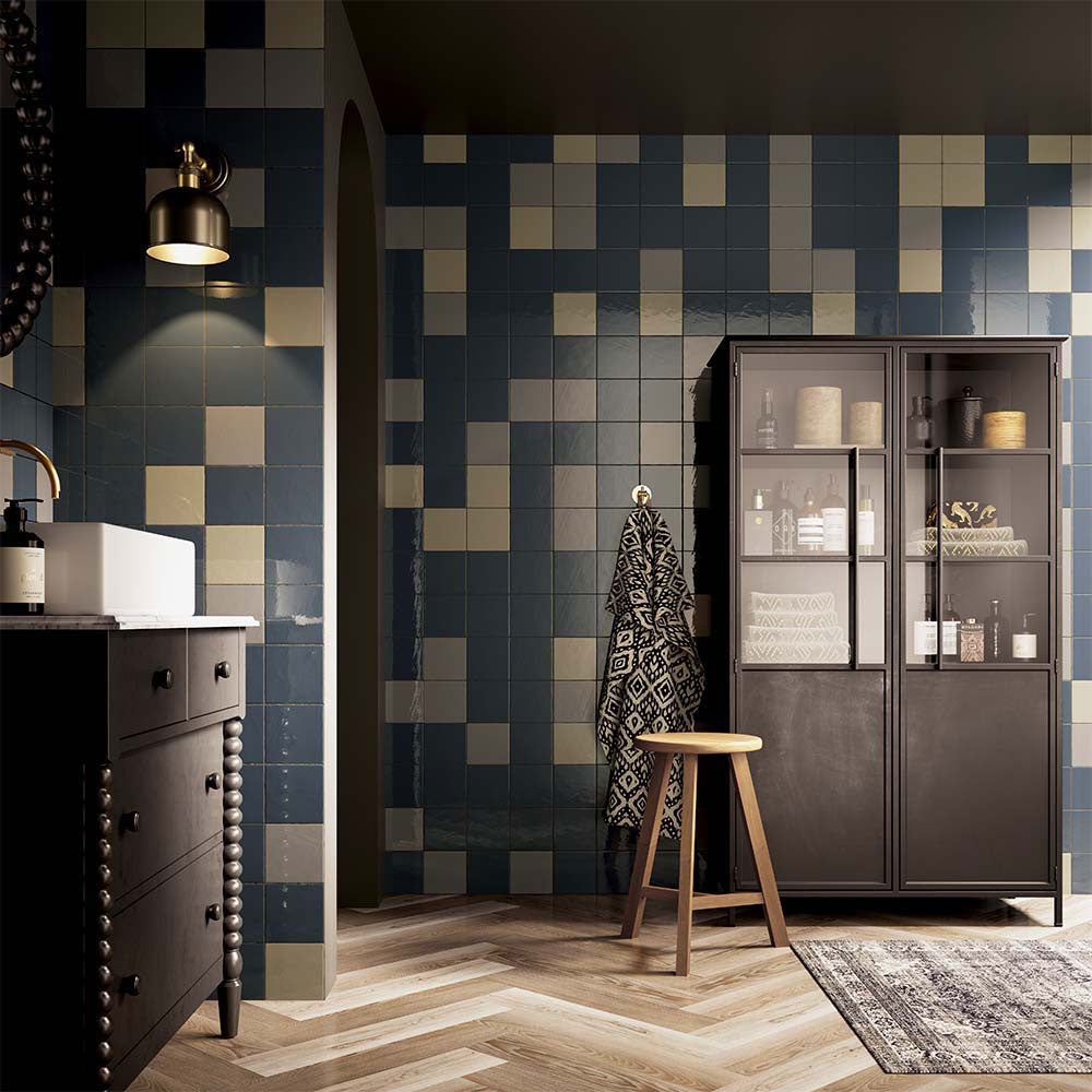 Lumen Light Blue, Cobalt & Lead Gloss Ceramic Wall Tiles in bathroom