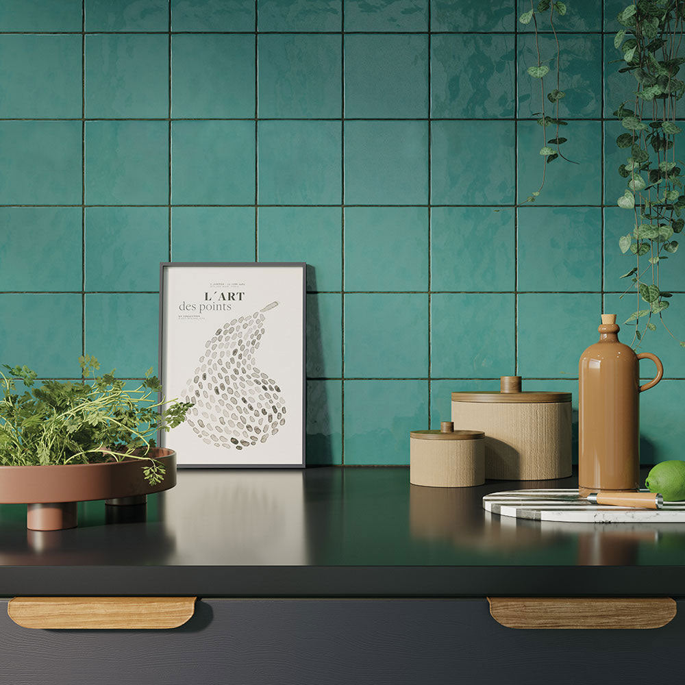 Lumen Turquoise Gloss Ceramic Wall Tiles in a kitchen