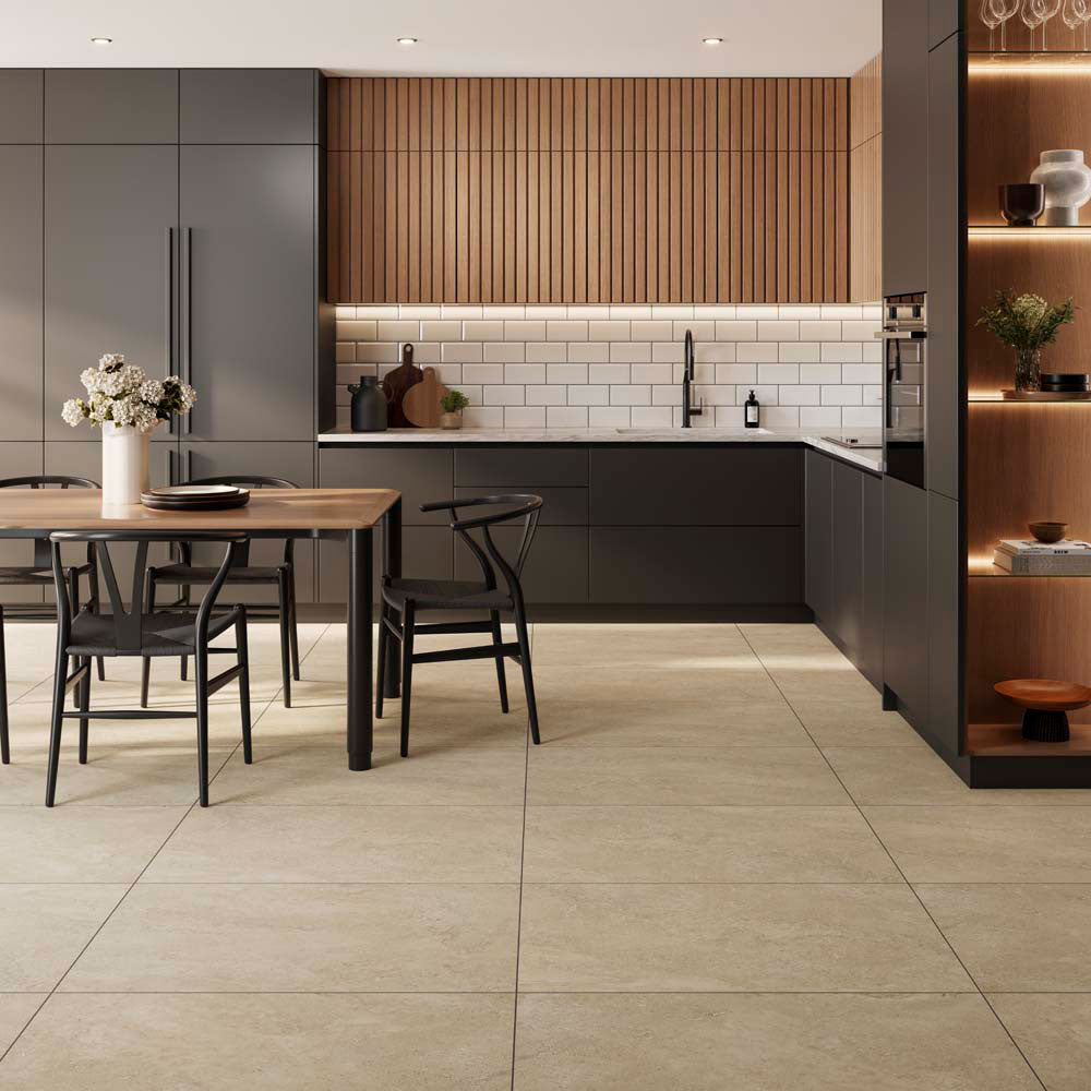 Pivara Caramel tiles on kitchen floor setting