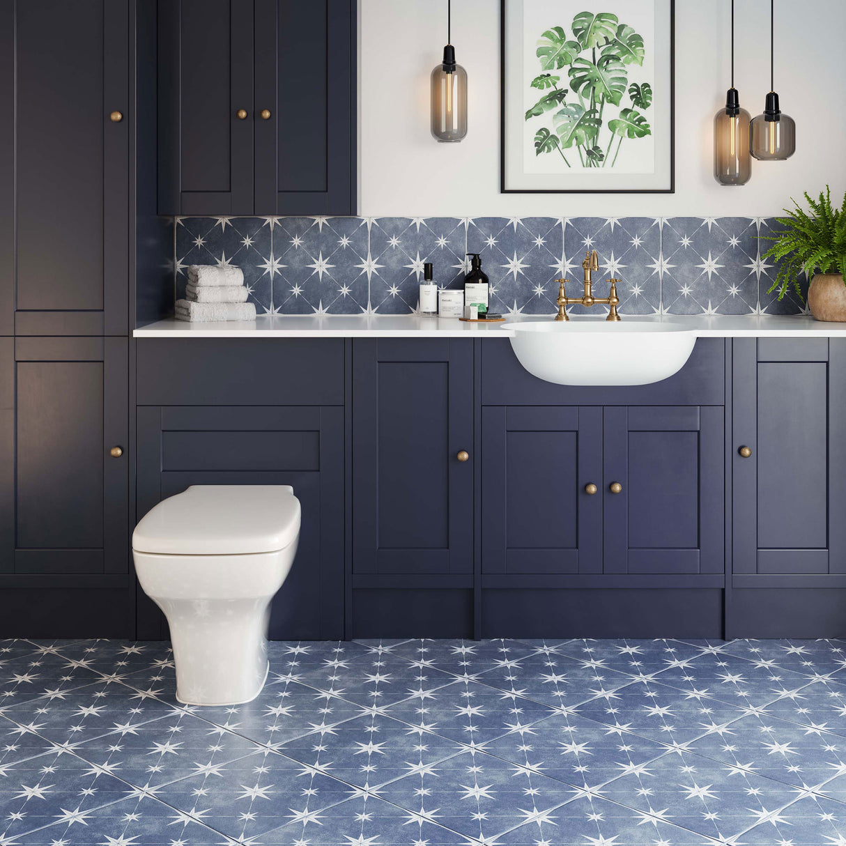 Solara Navy Blue Patterned tiles on bathroom wall and floor