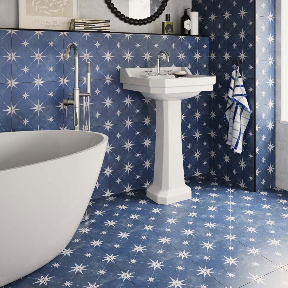 Solara Navy Blue Patterned tiles on bathroom wall and floor