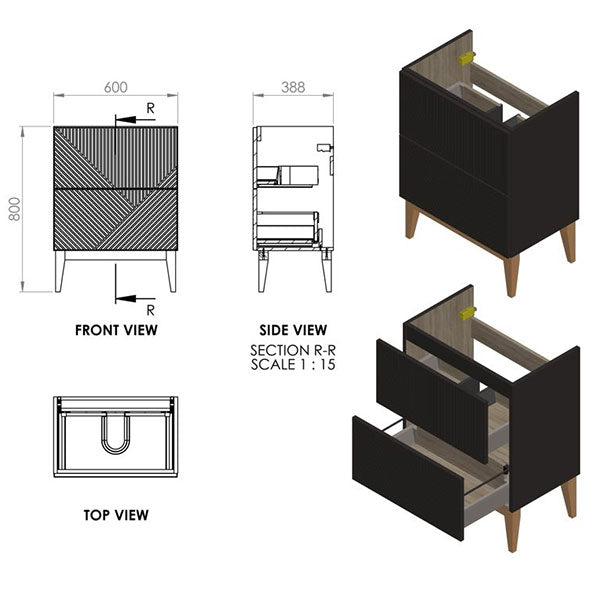 Tabo Bergamo Matt Graphite Grey Floor Standing 2 Drawer Basin Unit & Basin 615mm