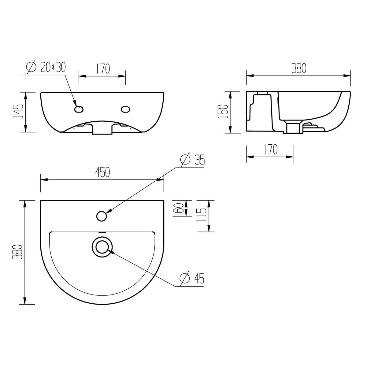 Tabo Lantana 1TH Cloakroom Basin & Bottle Trap 450 x 380mm