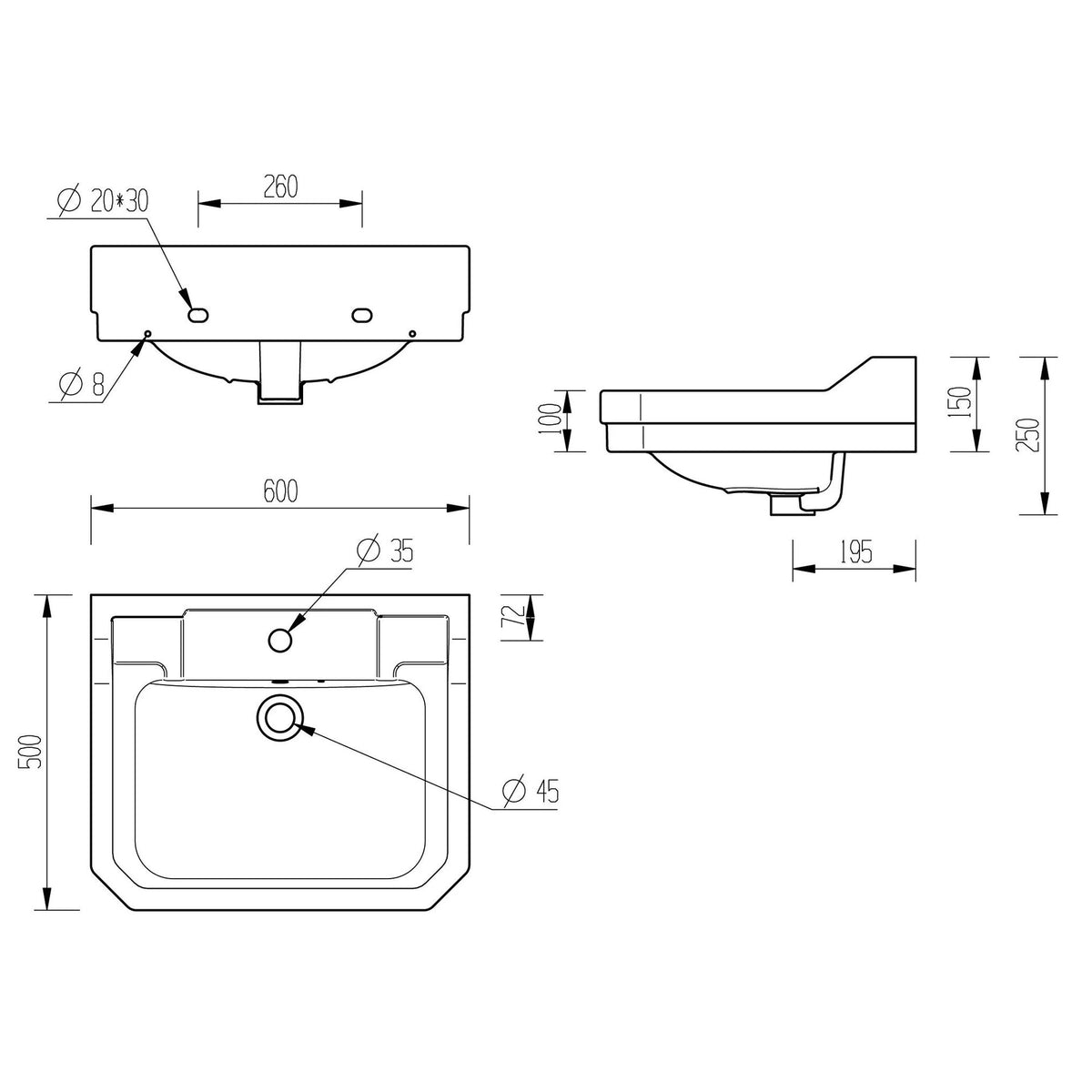 Tabo Primrose Basin & Full Pedestal 600 x 500mm