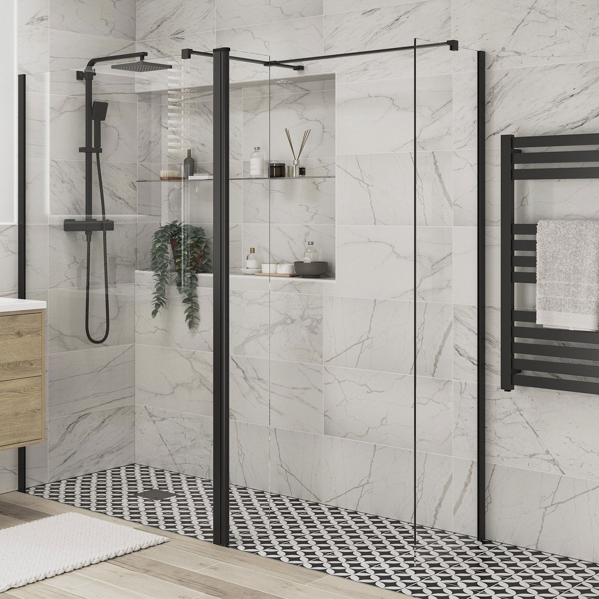 Tabo Splash Fresco Optional Wetroom Rotatable Panel Black 300mm with wetroom panel and side panel
