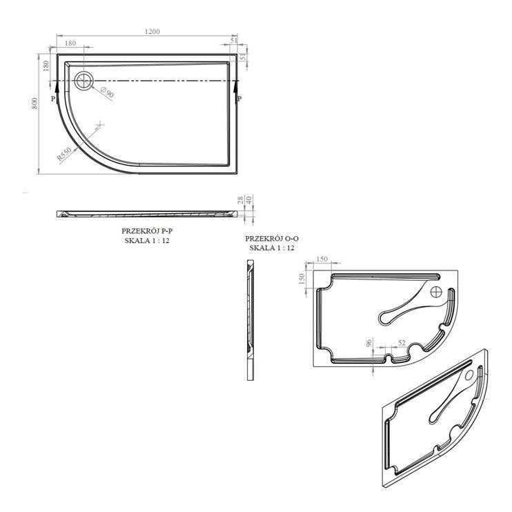 Tabo Splash Low Profile Offset Quadrant Tray & Waste (LH) 1200 x 800 x 40mm