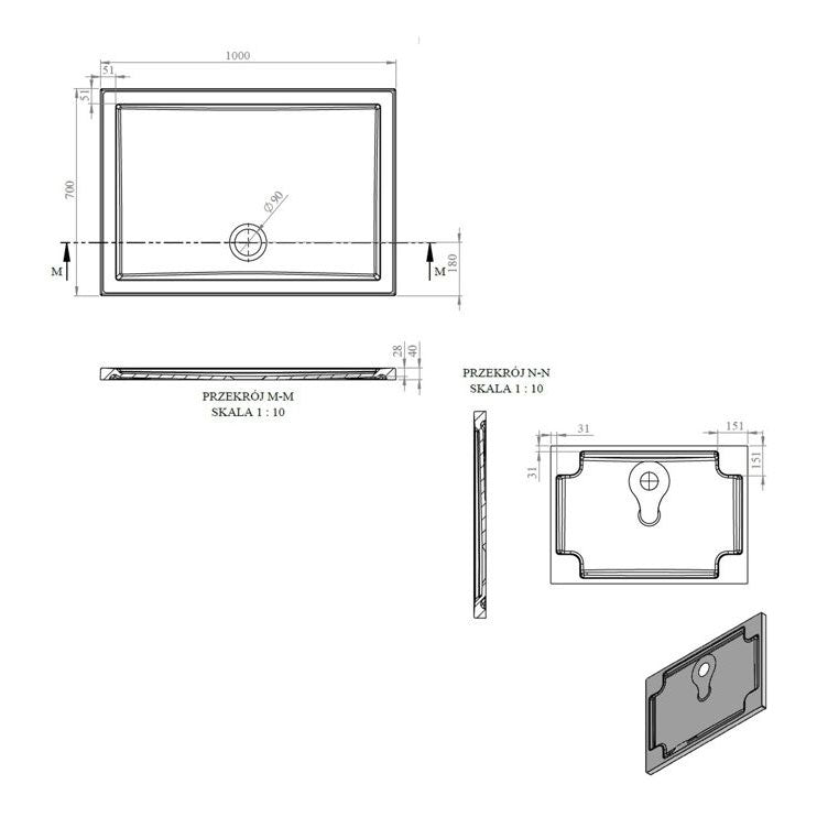 Tabo Splash Low Profile Rectangular Tray & Waste 1000 x 700 x 40mm
