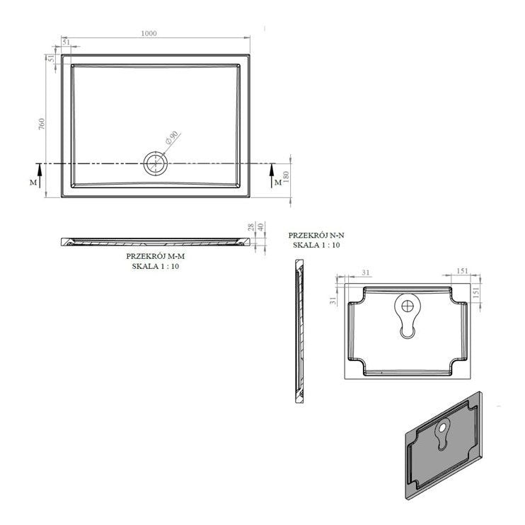 Tabo Splash Low Profile Rectangular Tray & Waste 1000 x 760 x 40mm