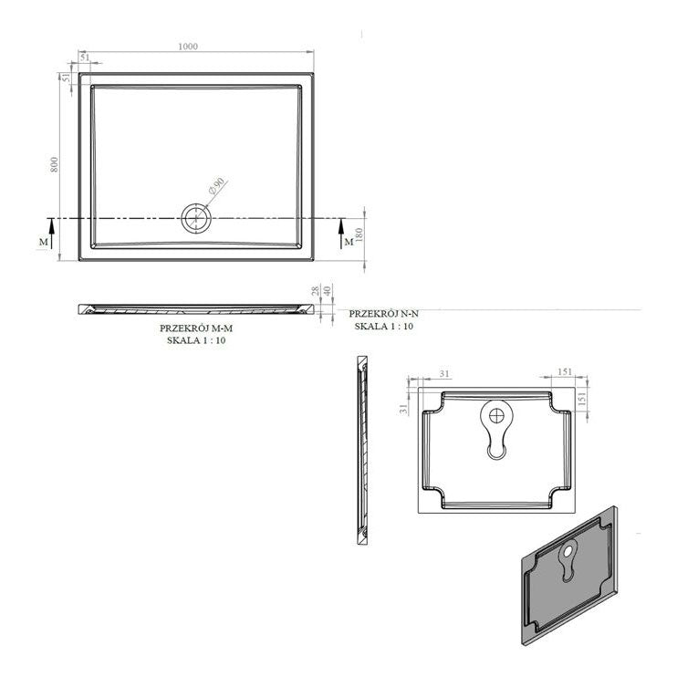Tabo Splash Low Profile Rectangular Tray & Waste 1000 x 800 x 40mm