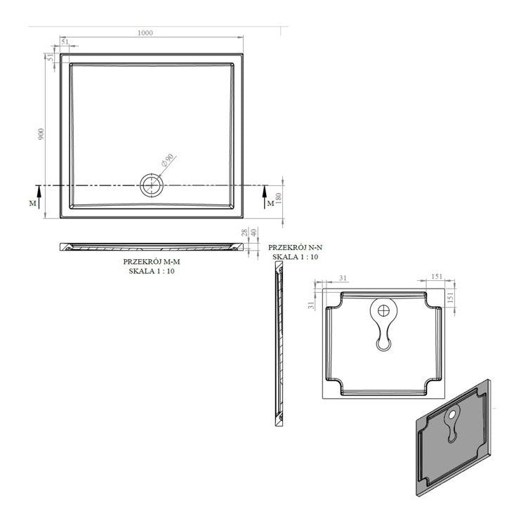 Tabo Splash Low Profile Rectangular Tray & Waste 1000 x 900 x 40mm