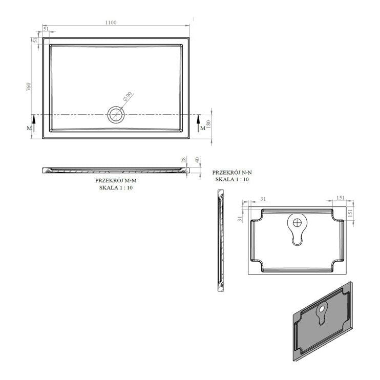 Tabo Splash Low Profile Rectangular Tray & Waste 1100 x 760 x 40mm
