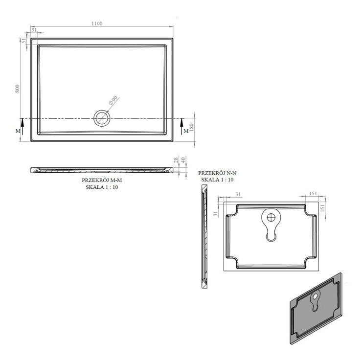 Tabo Splash Low Profile Rectangular Tray & Waste 1100 x 800 x 40mm