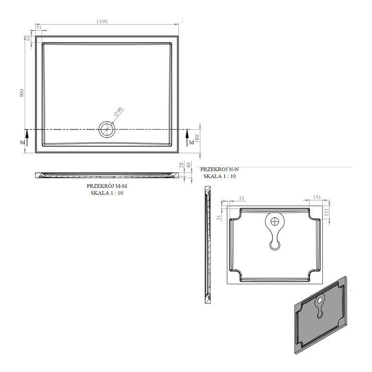 Tabo Splash Low Profile Rectangular Tray & Waste 1100 x 900 x 40mm