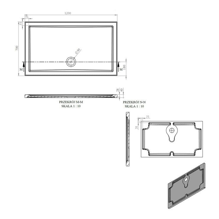 Tabo Splash Low Profile Rectangular Tray & Waste 1200 x 700 x 40mm