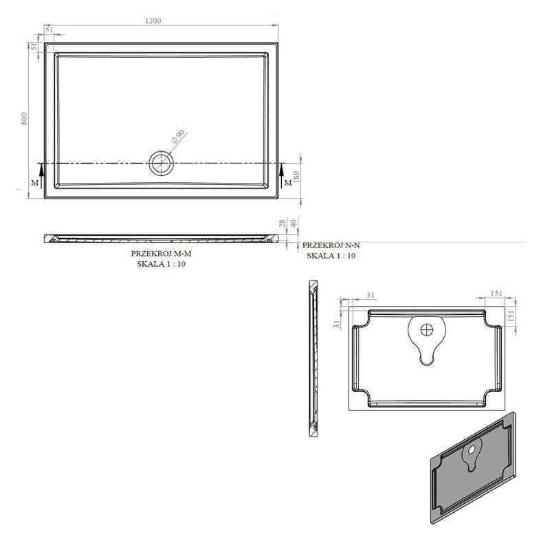 Tabo Splash Low Profile Rectangular Tray & Waste 1200 x 800 x 40mm