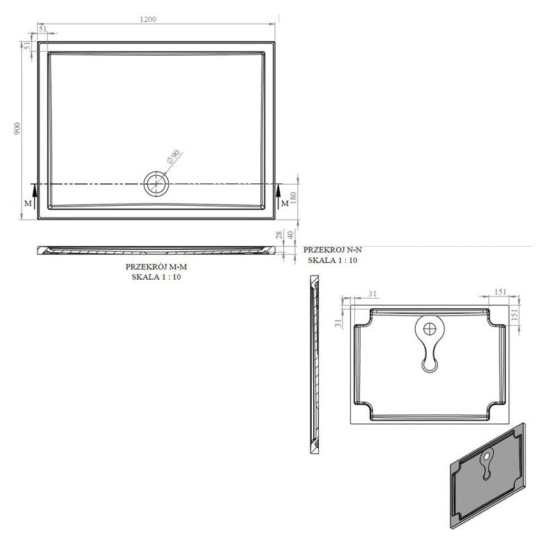 Tabo Splash Low Profile Rectangular Tray & Waste 1200 x 900 x 40mm