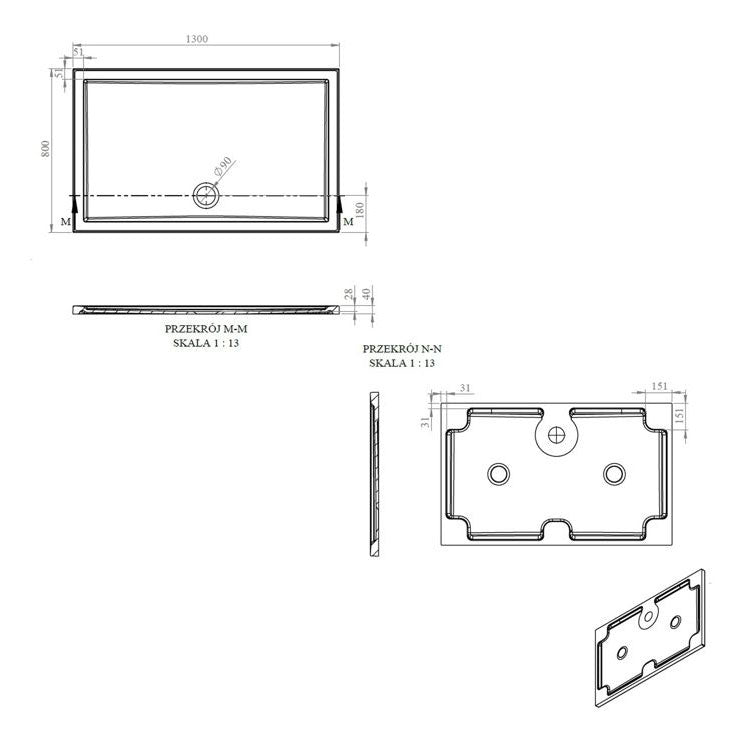 Tabo Splash Low Profile Rectangular Tray & Waste 1300 x 800 x 40mm