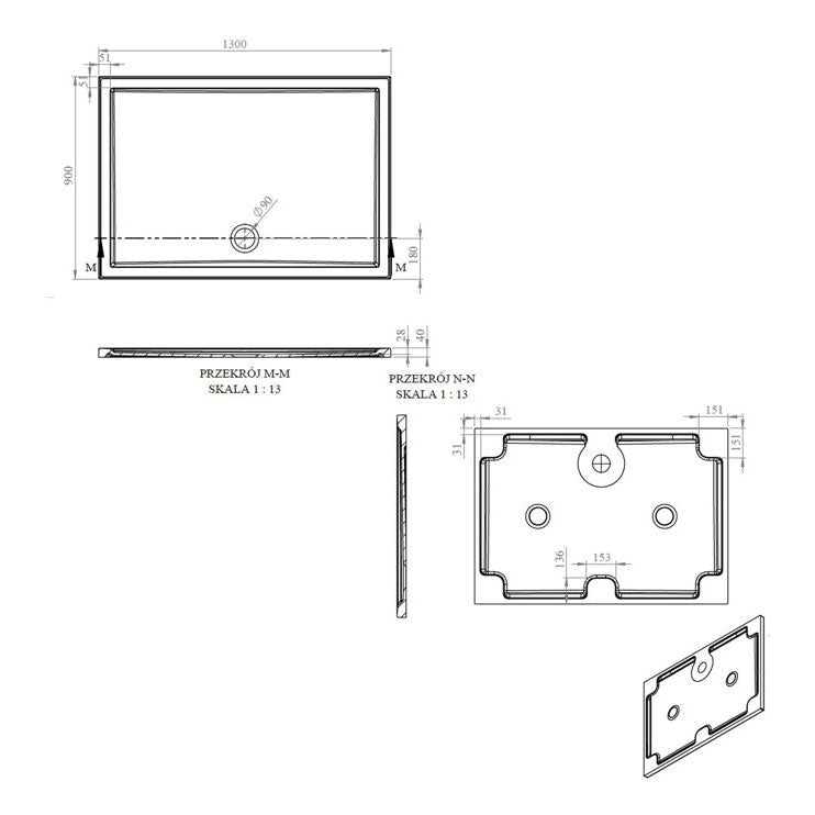 Tabo Splash Low Profile Rectangular Tray & Waste 1300 x 900 x 40mm