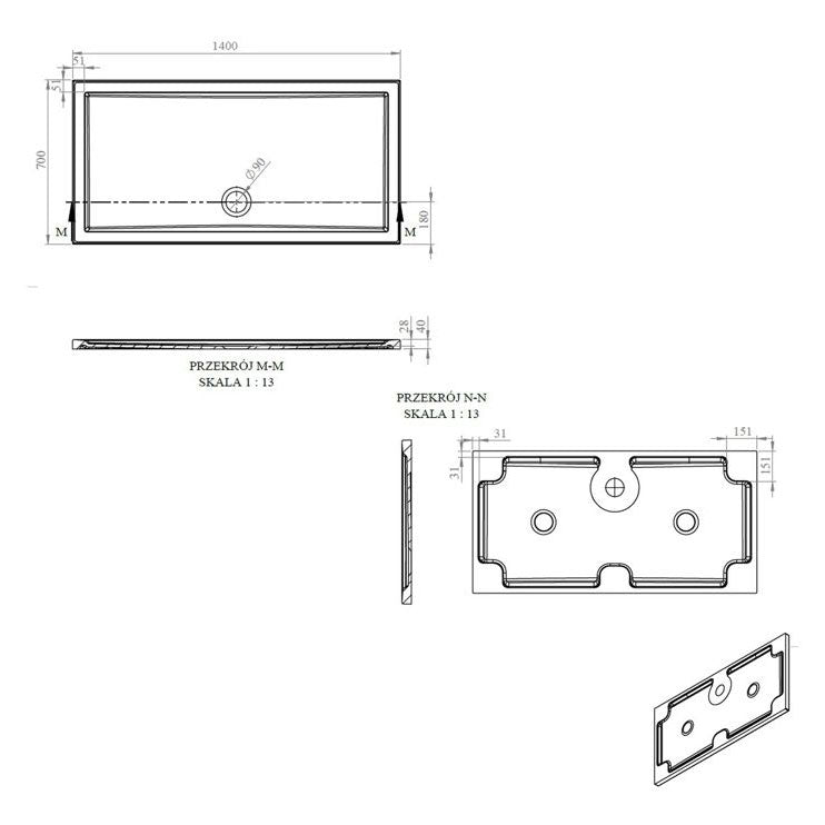 Tabo Splash Low Profile Rectangular Tray & Waste 1400 x 700 x 40mm