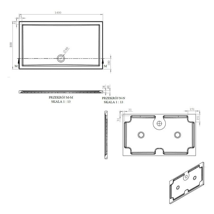 Tabo Splash Low Profile Rectangular Tray & Waste 1400 x 800 x 40mm