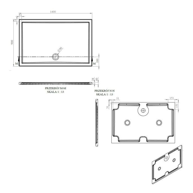 Tabo Splash Low Profile Rectangular Tray & Waste 1400 x 900 x 40mm