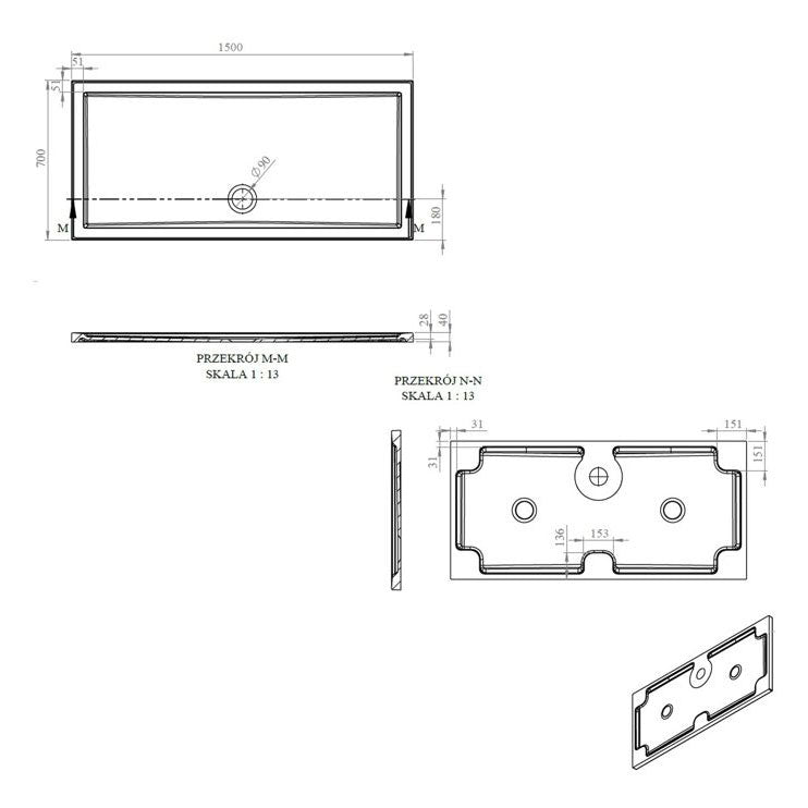 Tabo Splash Low Profile Rectangular Tray & Waste 1500 x 700 x 40mm