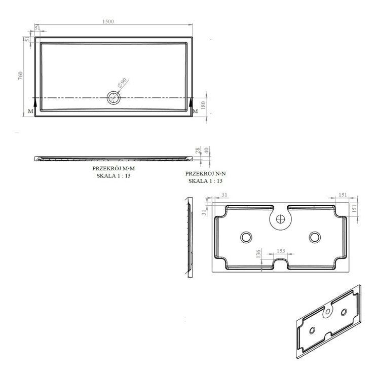 Tabo Splash Low Profile Rectangular Tray & Waste 1500 x 760 x 40mm