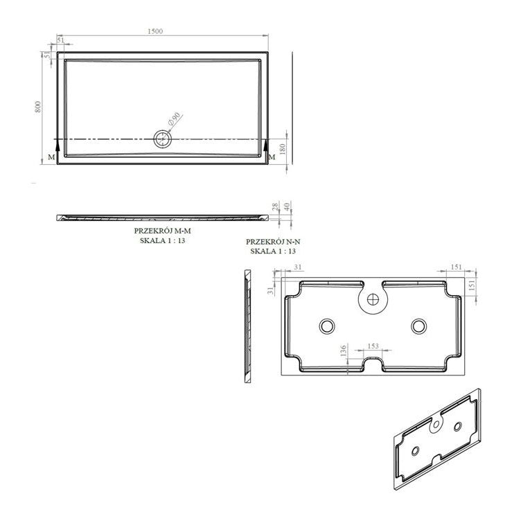 Tabo Splash Low Profile Rectangular Tray & Waste 1500 x 800 x 40mm